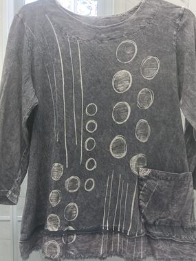 Jess And Jane Gray Dot N Line Mineral Washed Large Cotton 3/4 Sleeves Tunic